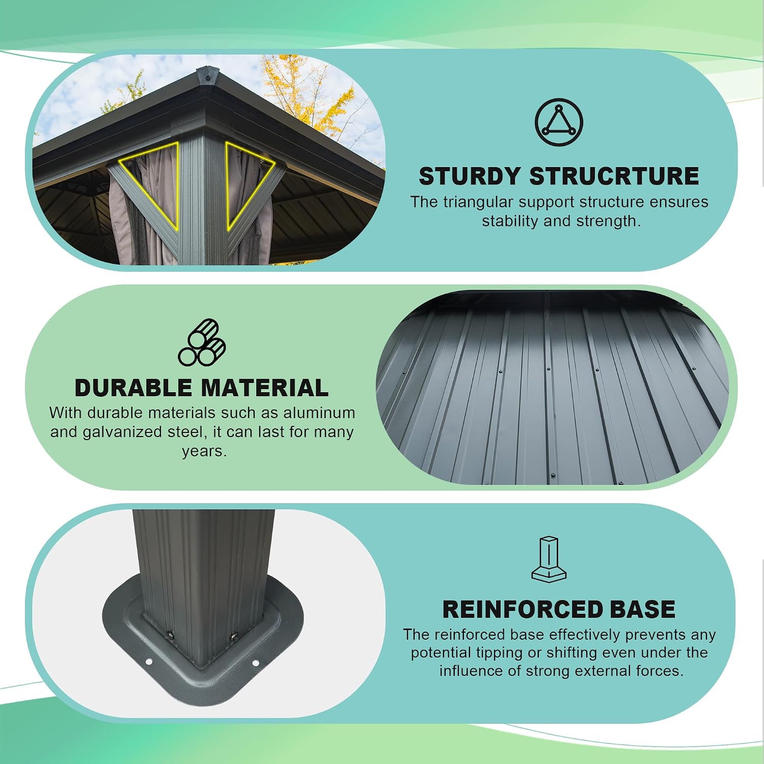 Diagram showing sturdy structure, durable material, and reinforced base of the gazebo