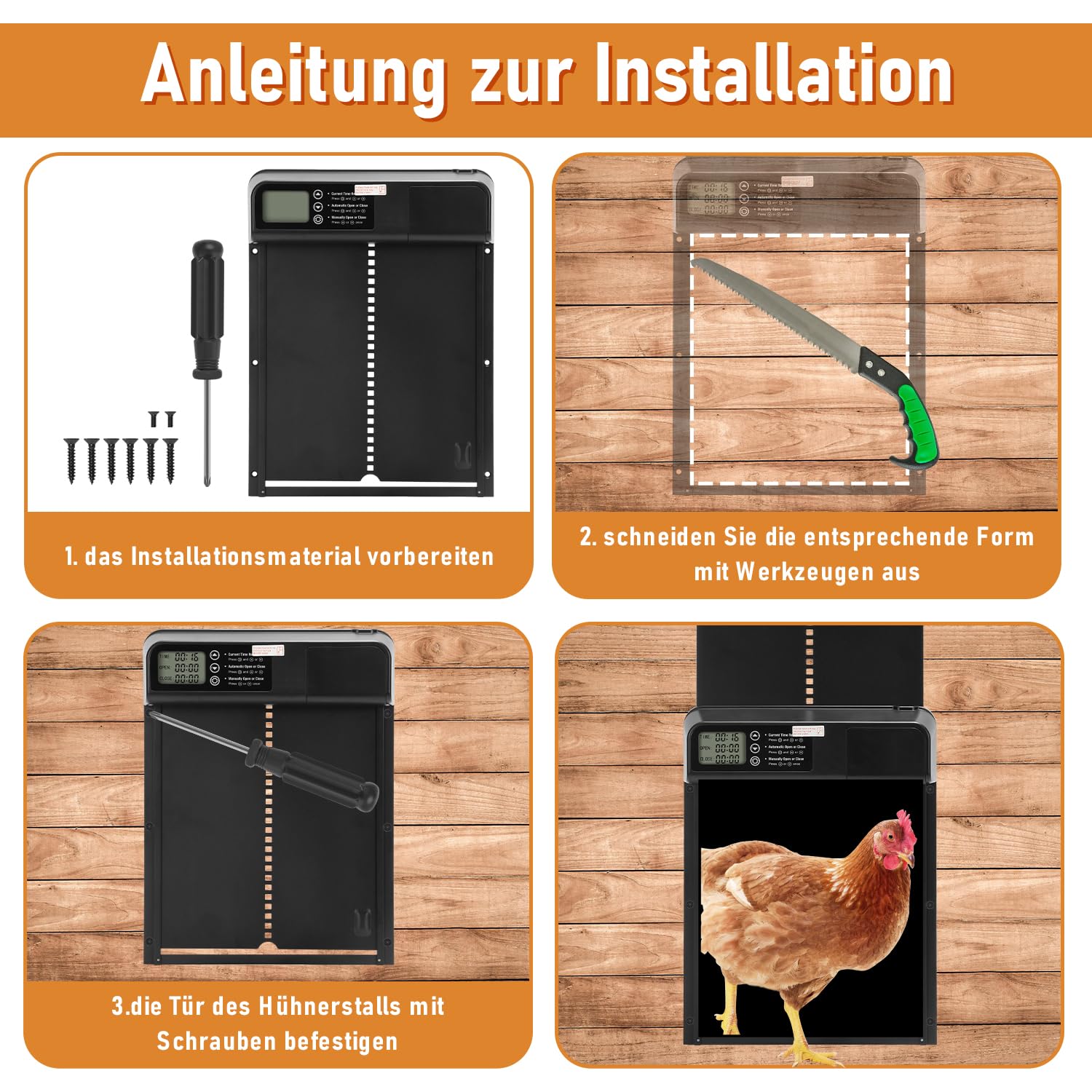 Herrselsam Automatische Hühnerklappe mit Timer/Manuell/Anti-Tamper Modus, elektrische Hühnerklappe automatisch mit Aluminiumlegierung Hühnertür, LED Display, Wasserdichter Türöffner für Hühnerstall