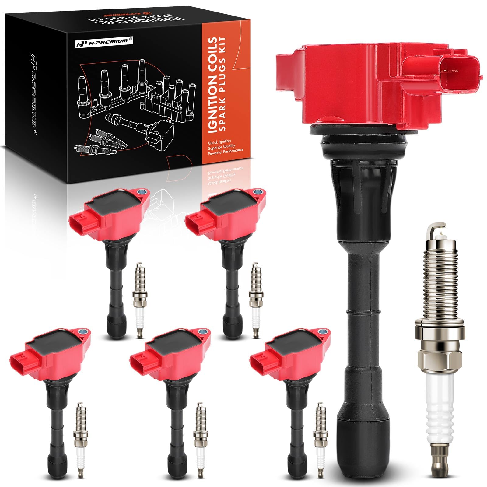 A-Premium (Red) Set of 12 Ignition Coil Pack and Iridium Spark Plugs Compatible with Nissan 370Z 2009-2020 & Infiniti EX37 2013, FX37 2013, G37, M37,