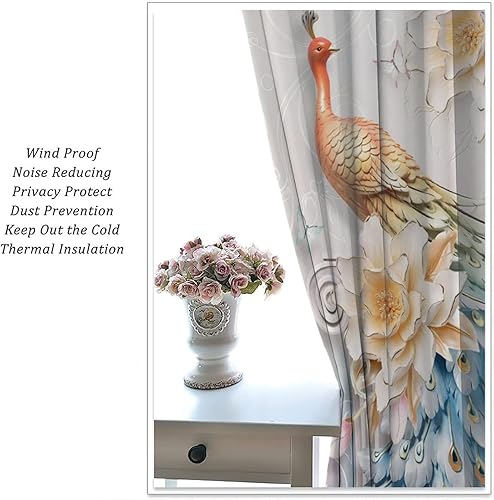 Miniatura 37 de Cortina opaca con estampado de pavo real, con estampado de animales retro, con bolsillo para cortinero y flores de peonía doradas, para dormitorio,