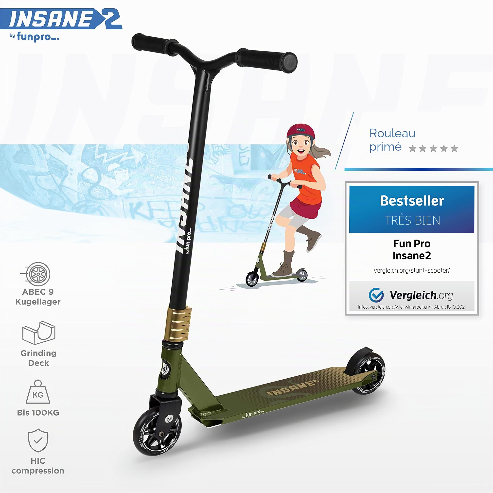 Fun Pro Trottinette Insane2, Freestyle avec Roulements ABEC 9, Grip, Roues Aluminium 110 mm, Pour Enfants et Adultes, jusqu'à 100 kg, Jungle