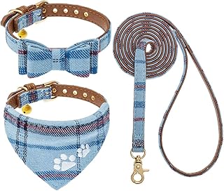 EXPAWLORER Juego de collar y correa para cachorro, collar y correa de perro bordados con estampado de patas, corbata de lazo y bandana con campana, lindo collar y correa para perros, gatos, caminar al