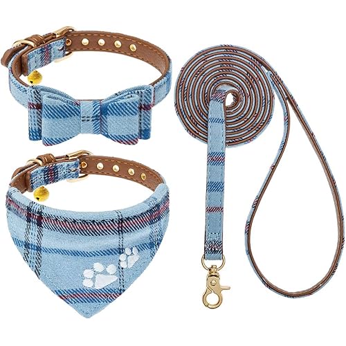 EXPAWLORER Puppy Collar and Leash Set - Embroidery Pawprints Plaid Dog Collar and Dog Leash Set, Bow Tie and Bandana Dog Collar with Bell, Cute Collar and Leash for Dogs Cats Outdoor Walking, Blue S