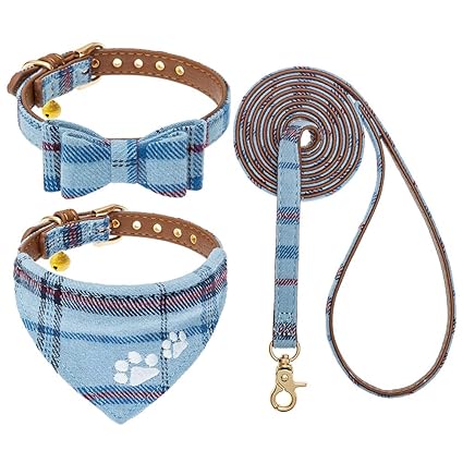 Dog Leash Collar Set - 3 Pack Plaid Pattern Adjustable Escape Proof Leash Collar Set for Outdoor Walking