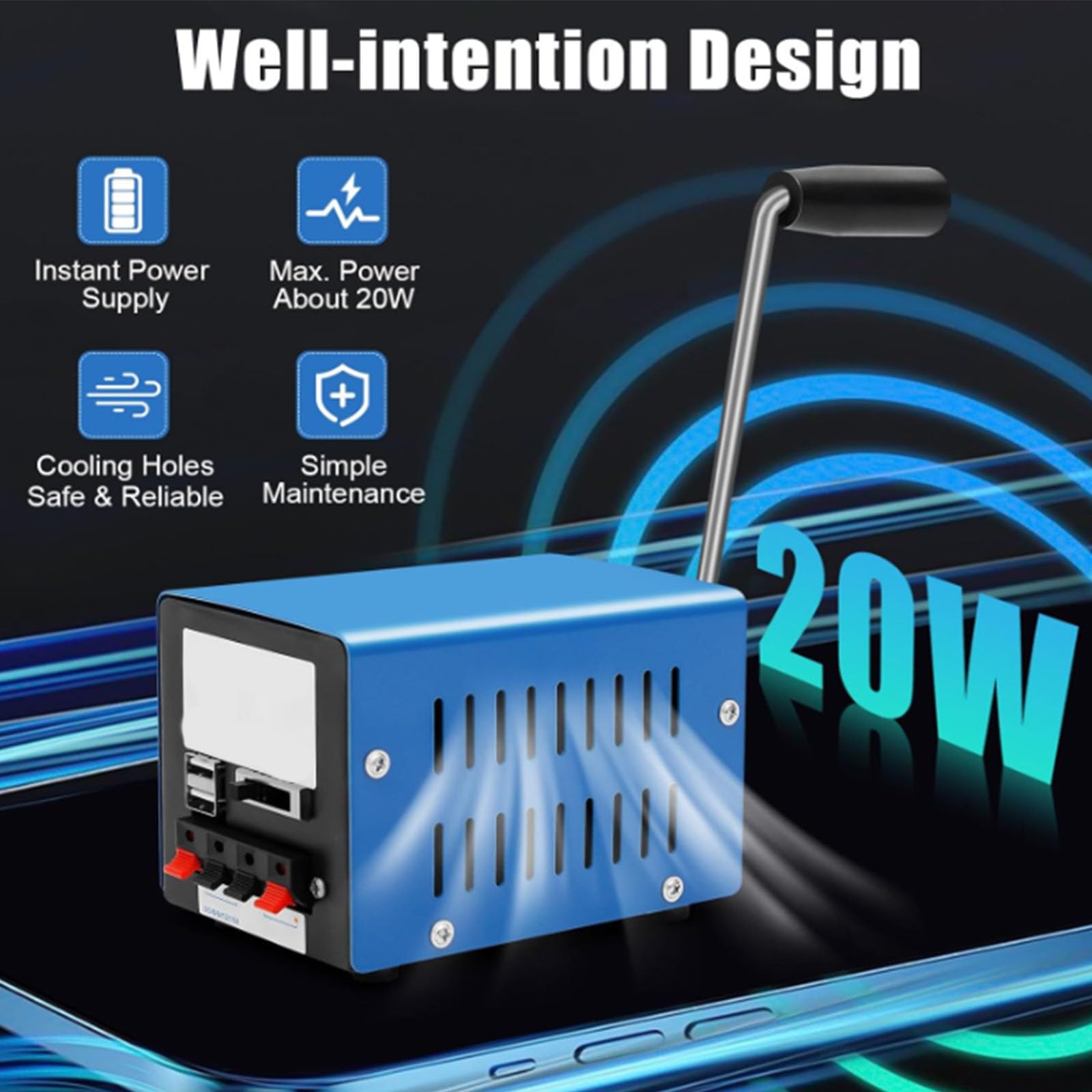 Generatore a Manovella Manuale 20W Portatile per Emergenze con Ricarica USB per Viaggi e Campeggio Impermeabile e Antisfondamento