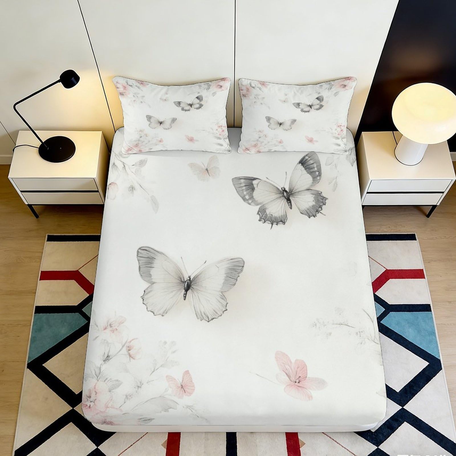 3D Printed Butterfly Fitted Sheet Deep Pocket Microfiber Bedroom Bedding Butterfly Mattress Fitted Cover Elastic Hem Non-Slip for All Ages 200x200x25cm 90x200x25cm