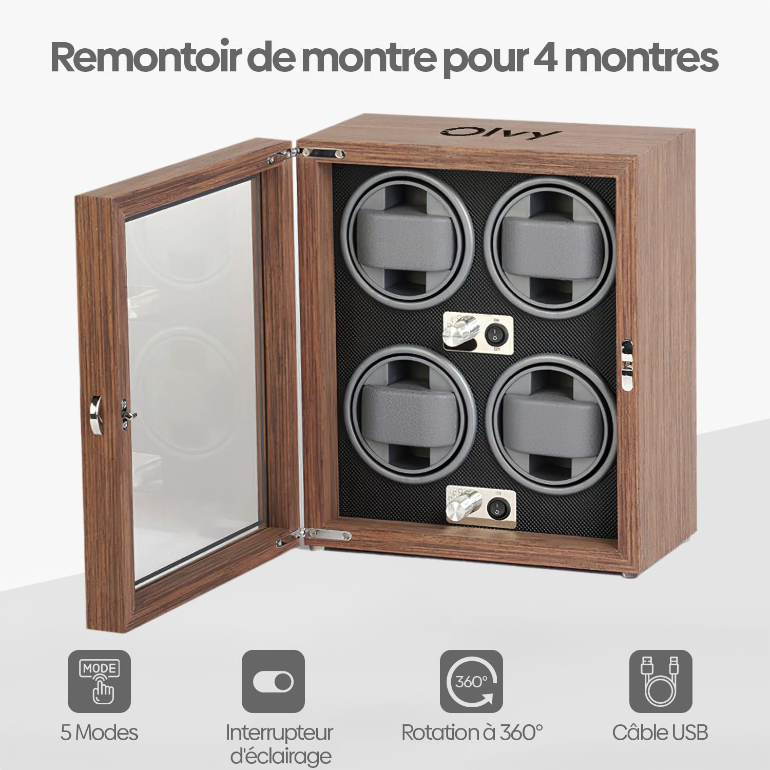 Olvy Remontoir pour 4 Montres Automatique, Boîte de Remontoir de Montre, Watch Winder, Moteur Extrêmement Silencieux, Coussin de Montre Flexible