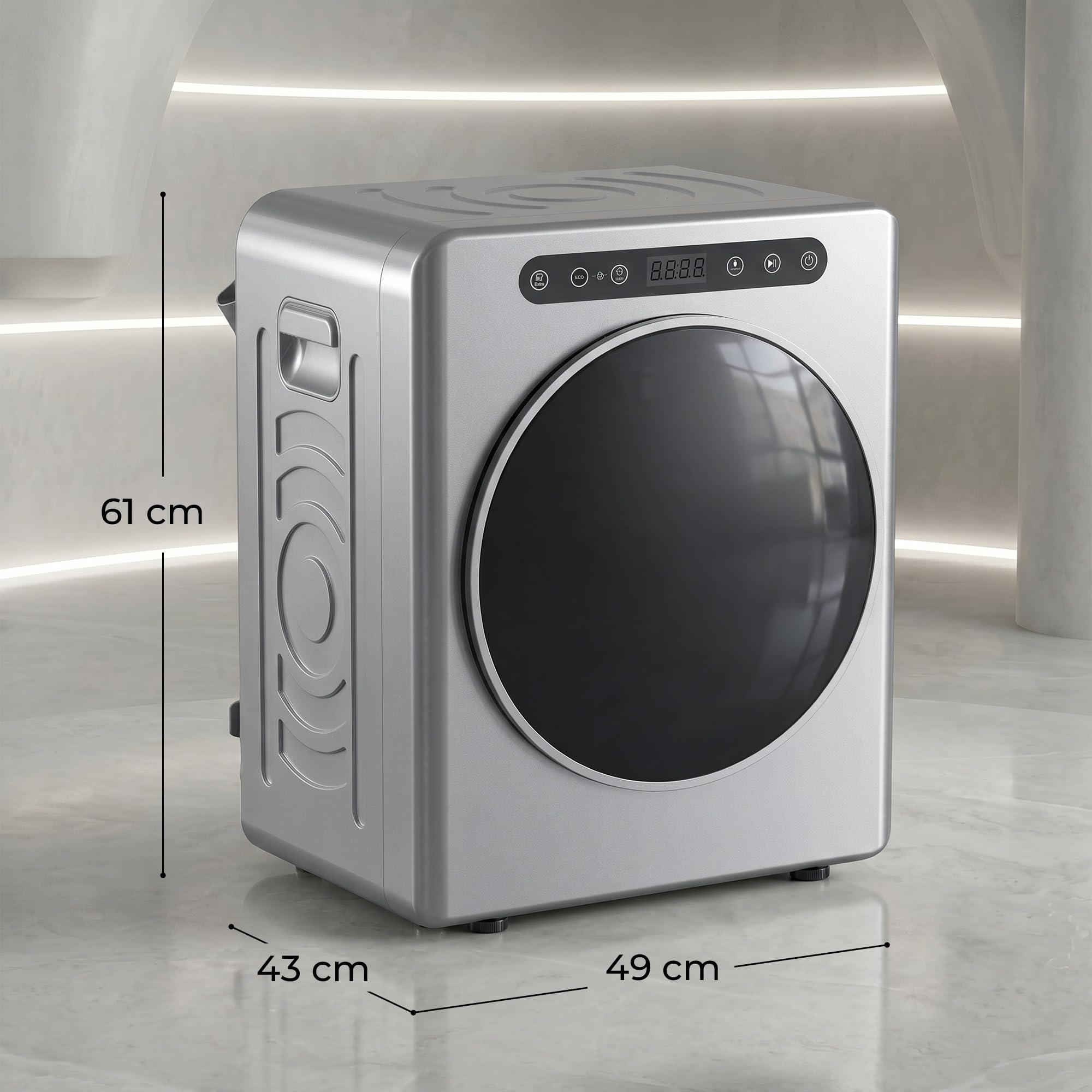 HOMCOM Mini suszarka z wywiewem 5 kg, ze sterylizacją, 6 programów do 60°C, 1000 W, z ekranem dotykowym, program wsteczny nie gniecie się, ze stali nierdzewnej, tryb ekstra suszenia, kolor srebrny