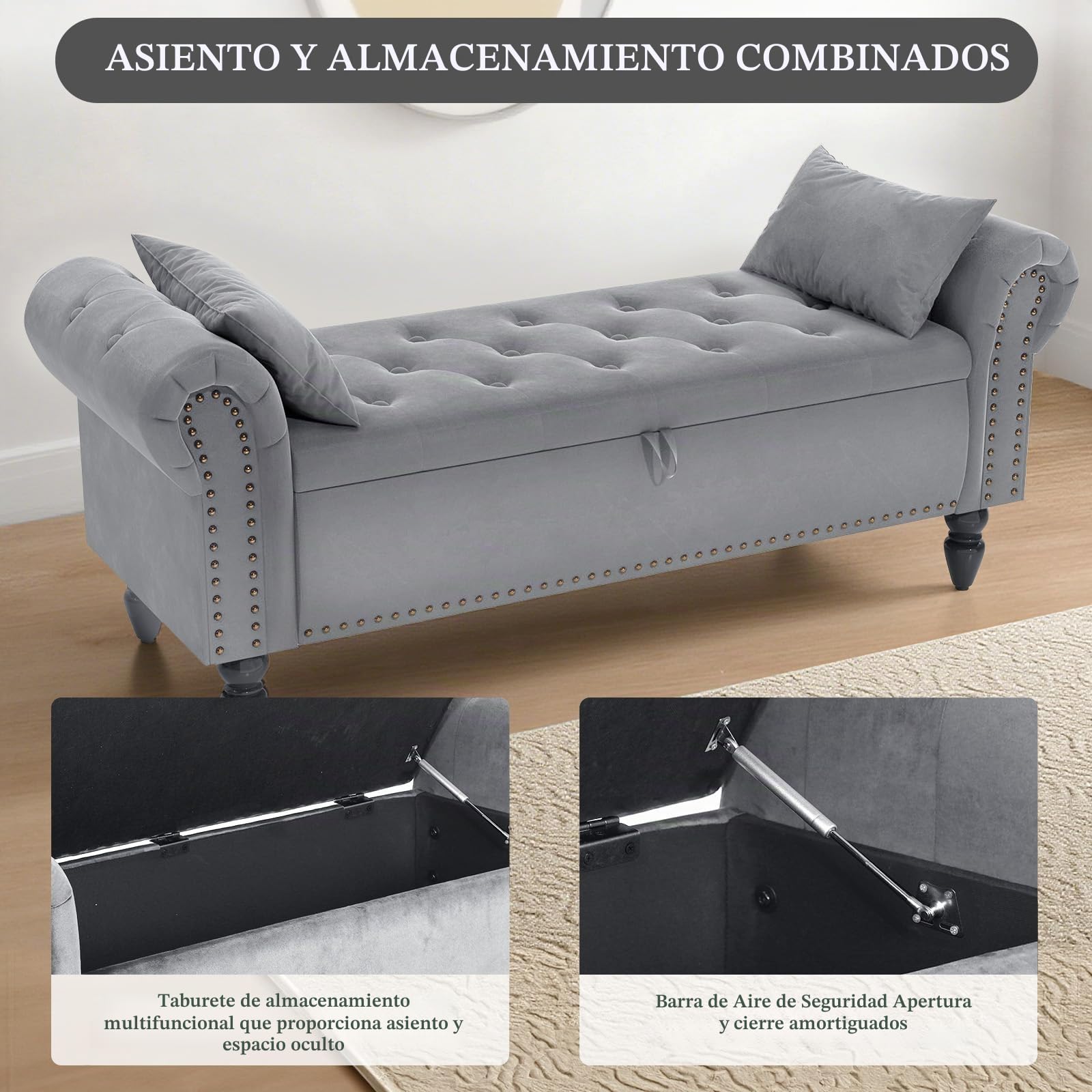 Clevich Banco con Almacenaje 133cm, Terciopelo Baul Almacenaje Dormitorio con Varilla de Elevación, Estilo de Francés, Extremo de la Cama con Tapa, Patas de Madera Maciza (Gris Claro)