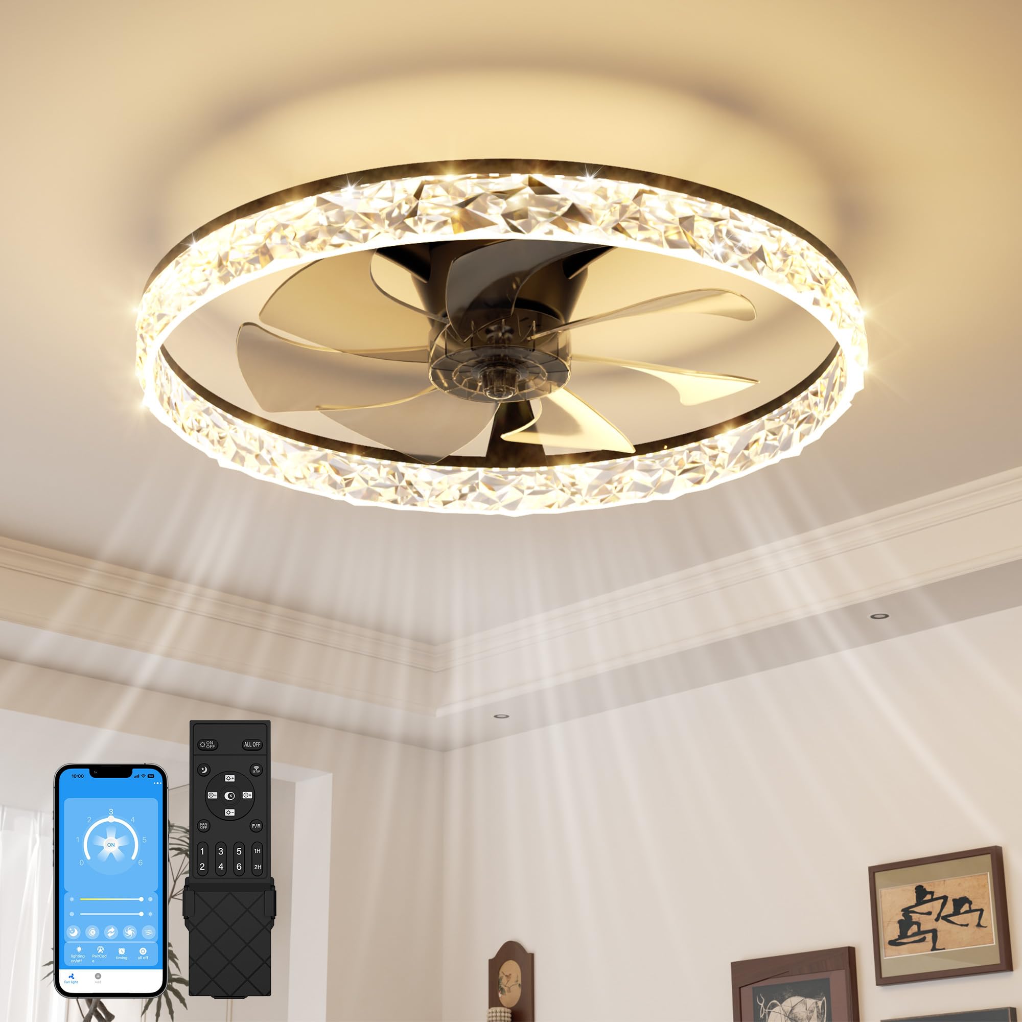 SUNKENET Ceiling Fans with Lights and Remote, 60cm LED Fan Ceiling Light, 3000K-6500K Dimmable Smart Ceiling Fan Light, 6 Wind Speeds & Reversible, Modern Fan Light Ceiling for Bedroom(Black)