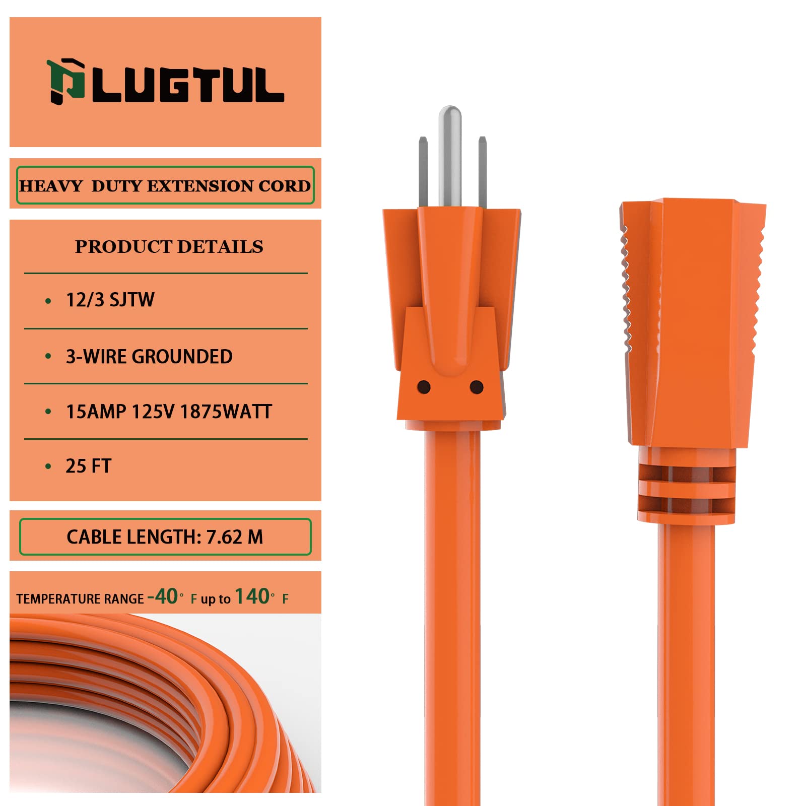 Cable de extensión para exteriores de calibre 12/3 de 25 pies, resistente al agua, cable de extensión de 3 puntas, 15 A 1875 W SJTW, listado ETL, ideal para jardín y hogar, naranja
