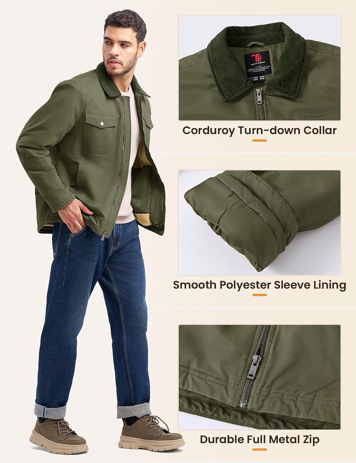 Rdruko Men's Winter Workwear Jackets, Sherpa Detroit Barn Trucker Fleece Jacket 5 Pockets Full Zip Heavy Warm Cotton Coats - Image 6