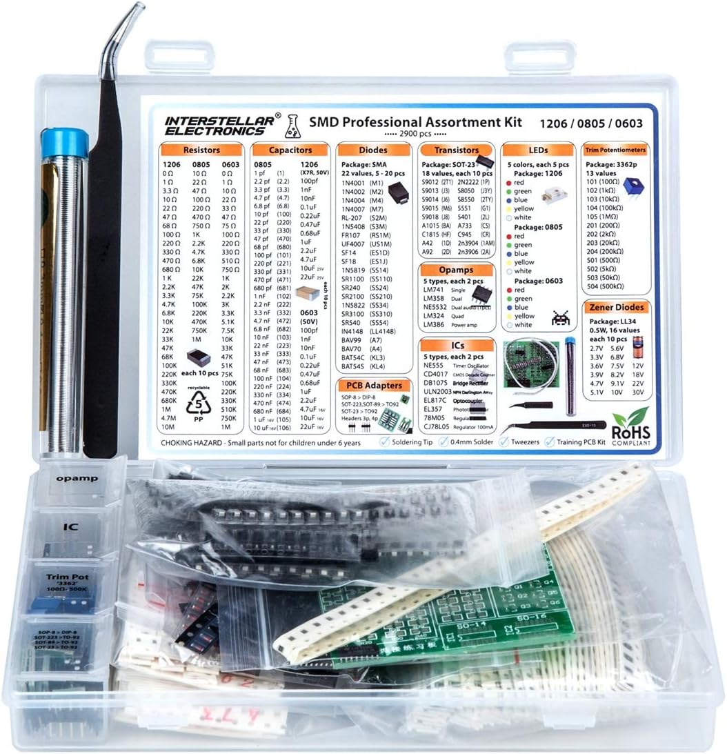 SMD 1206 0805 0603 Component Assortment, Resistor, Capacitor, Diode, Transistor, LED, OpAmp, IC, Solder, PCB, SMT Soldering Assorted Kit 2900 pcs