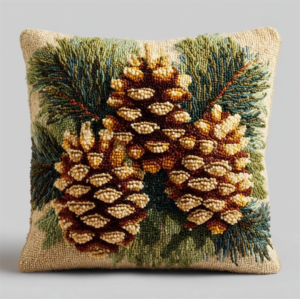 FWRTYCB Latch Hook Pillow Case Kits,Pinecones and Pine Leaves Latch Hook K