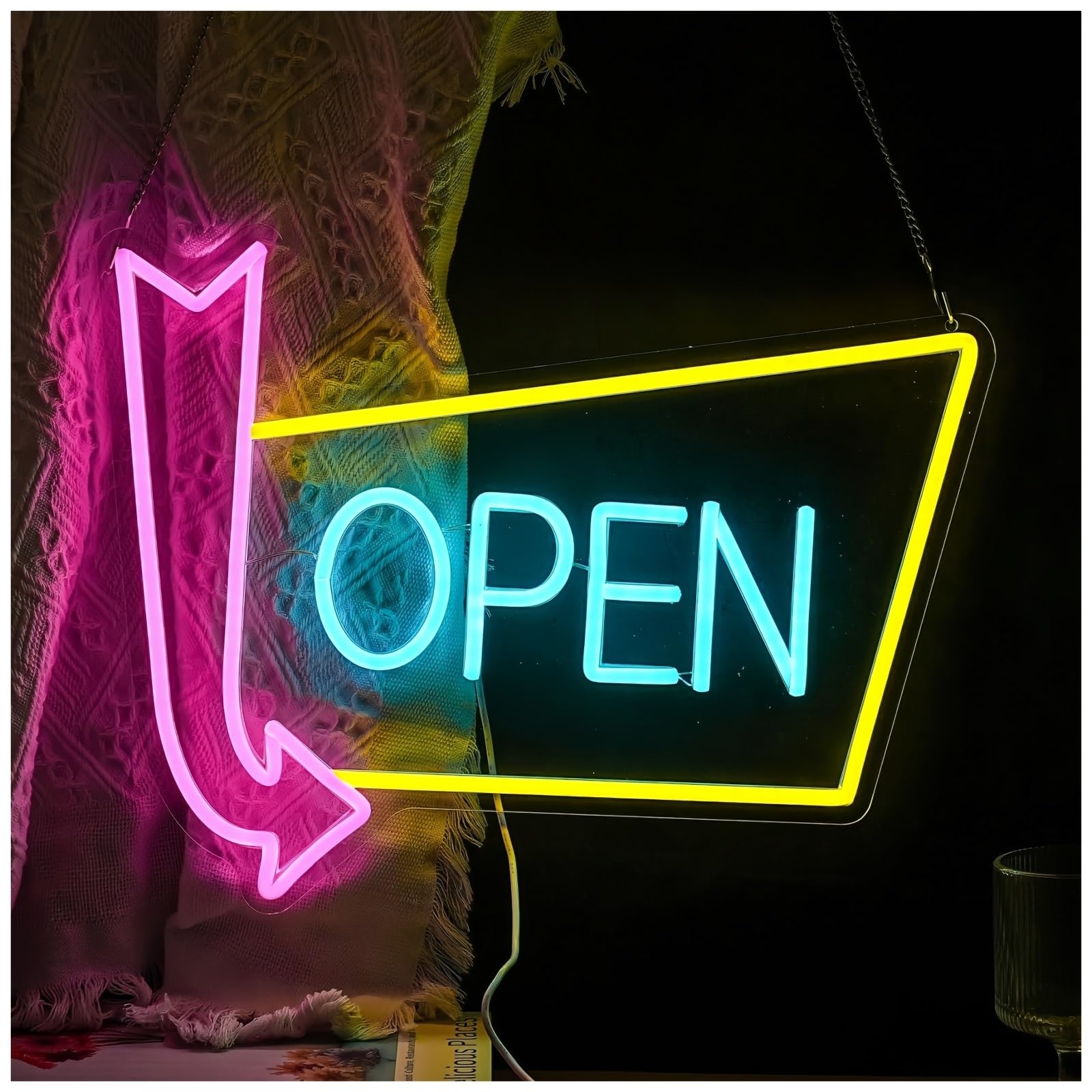lampe au néon Enseigne au néon ouverte avec flèche, panneau LED à intensité variable, décoration murale pour magasin, Bar, hôtel