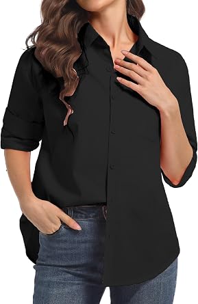 Womens Button Down Shirts, Long Sleeve Cotton Blouse for Women Casual, Collar Long Sleeve Blouse Tops for Pocket