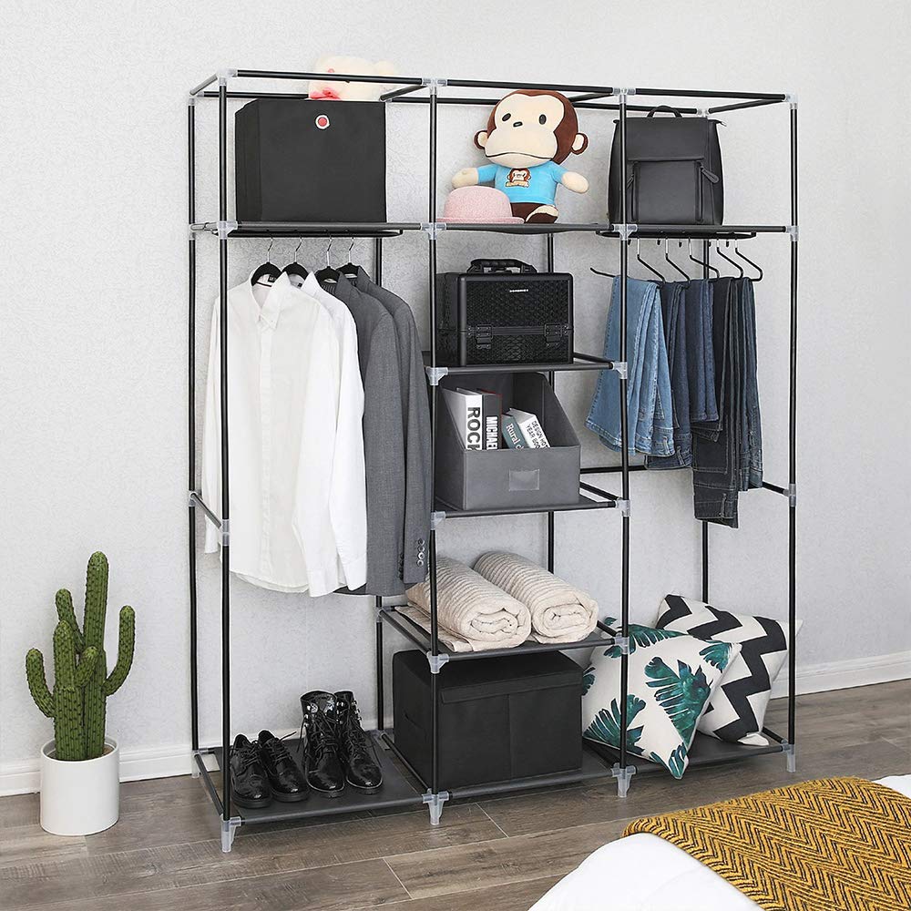 HUOLE Armoire de Rangement Pliable en Tissu Pliant,Cadre métallique,XL penderie de Chambre DIY intérieur,Garde-Robe Placard Camping,Penderie Dressing Textile en Tissu Intissé,175 * 150 * 45cm- Noir