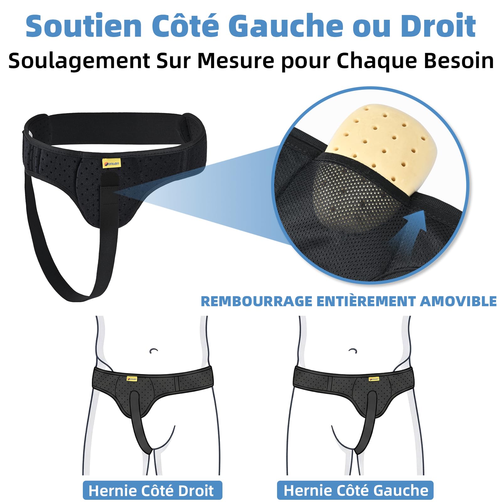 Tenbon Ceinture herniaire pour homme et femme Ceinture herniaire réglable flexible Soutien herniaire Soulagement de la douleur avec coussinets de compression amovibles Hernie (Black, M)