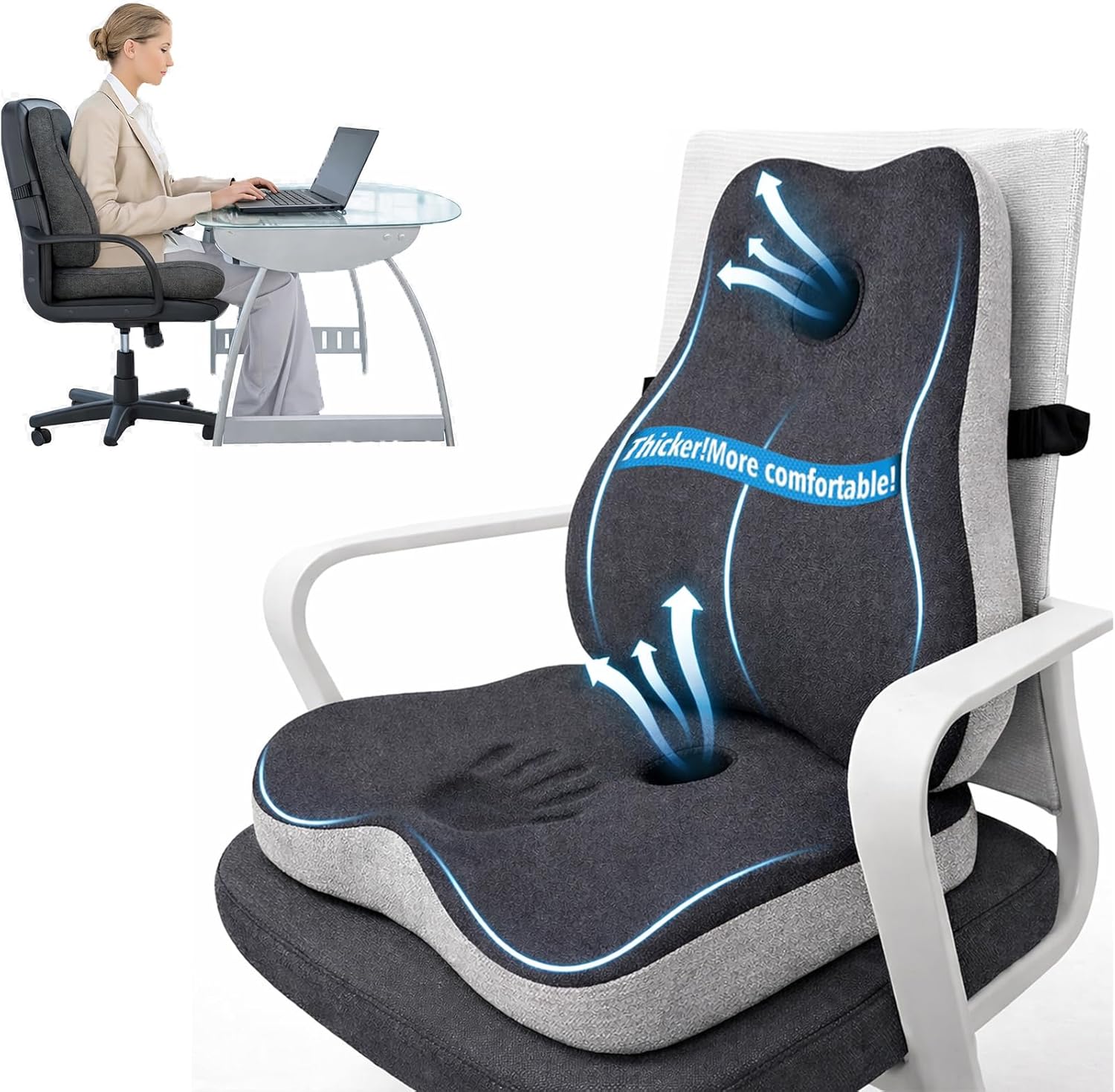 Seat Cushion and Lumbar Support for Office Chair, Memory Foam Chair Cushion for Back and Butt, Ergonomic Set for Tailbone, Sciatica & Back Pain Relief