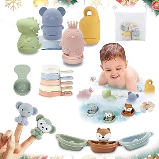 Jouet Bain Bébé, Lot de 16 Jouets de Bain Aspergeurs en Silicone, Jeux de Bain Bebe Animaux, Jouets pour Plage ou Plein Air, Jouets Empilables Enfant Jeux Educatif 1 2 3 Ans, Idéal Cadeaux pour Bébé