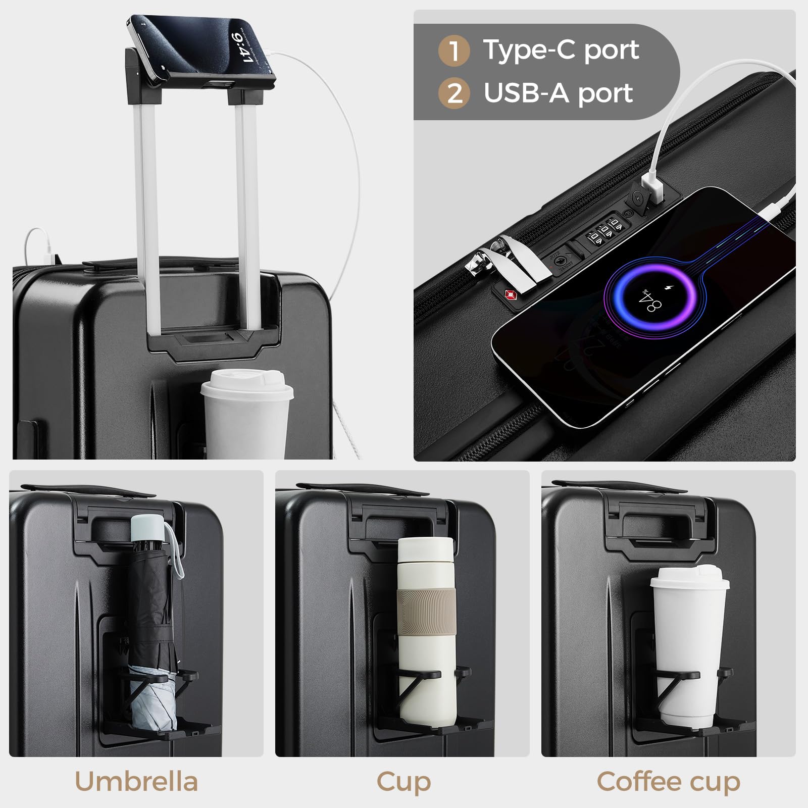 Equipaje de mano con ruedas giratorias y cerradura TSA integrada, maleta rígida de carga superior expandible, maleta de gran capacidad, equipaje rodante duradero con puerto USB BH013, Negro
