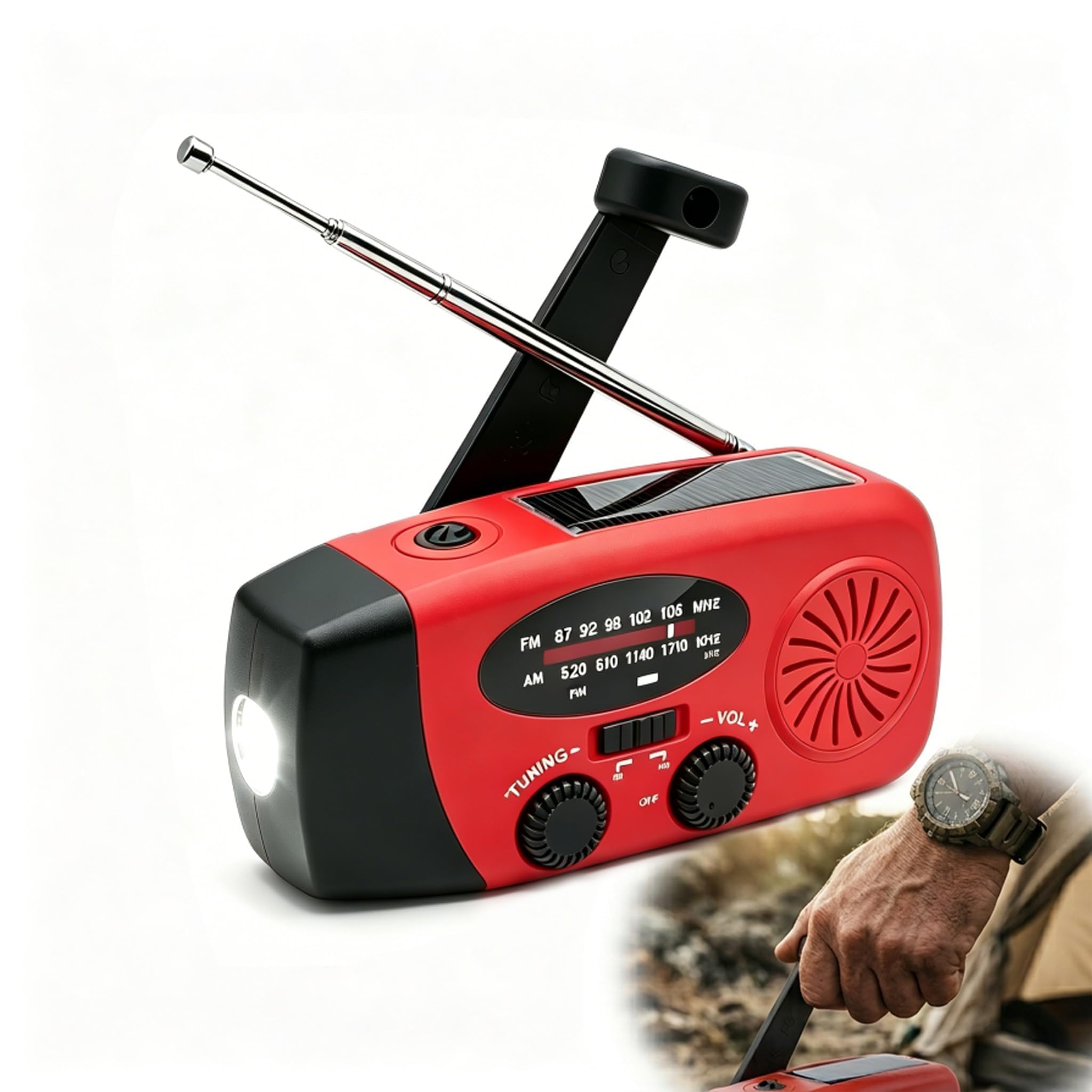 Radio Solaire Auto-alimentée 2000mAh AM/FM Portable à Manivelle Dynamo avec Lampe LED Alarme SOS Chargeur Téléphone Kit Survie Camping Rouge
