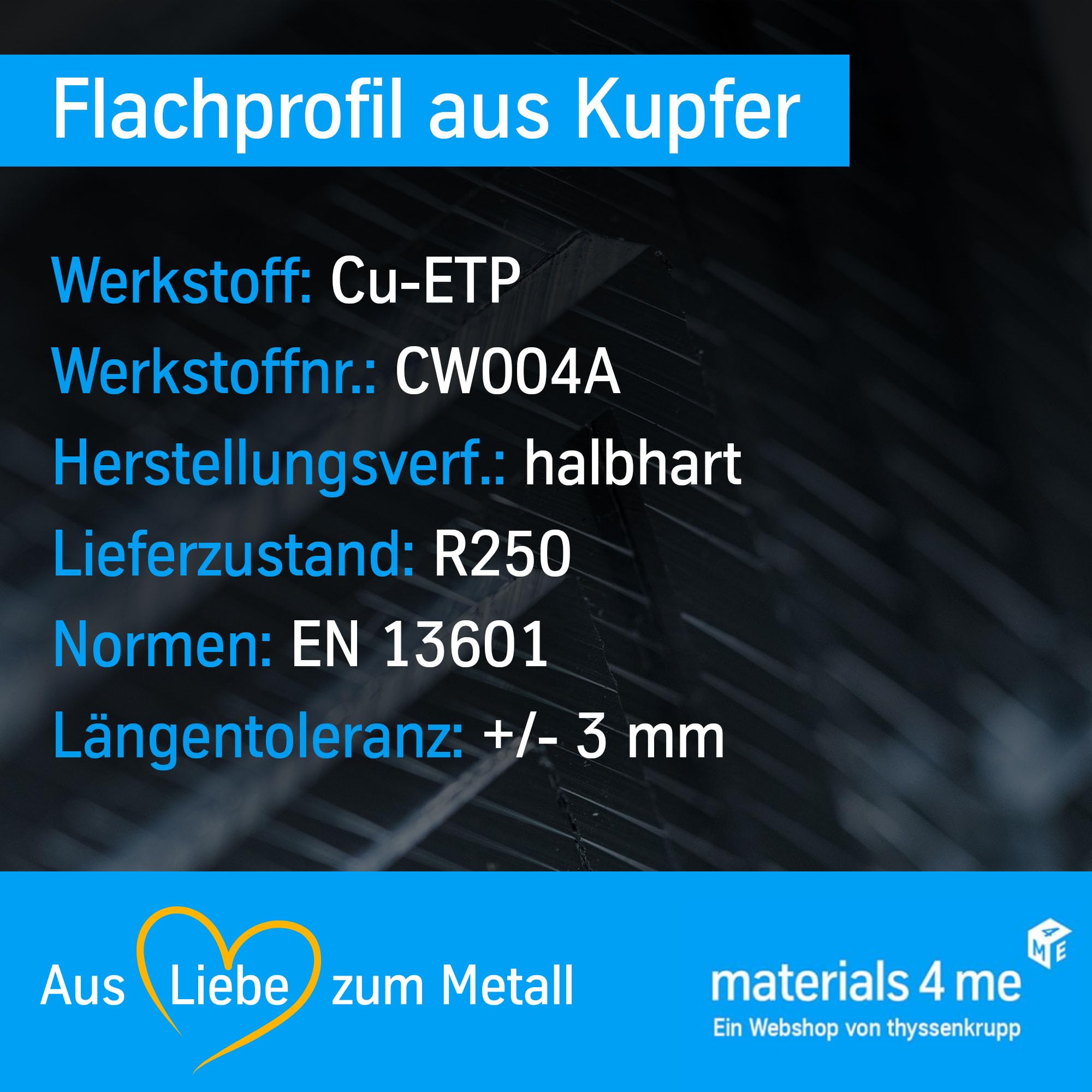 thyssenkrupp Kupfer Flachprofil – Kupferstange Flachstange Flachmaterial – CW004A Cu-ETP R250 halbhart rundkantig – 20 x 5 mm, 1500 mm Länge