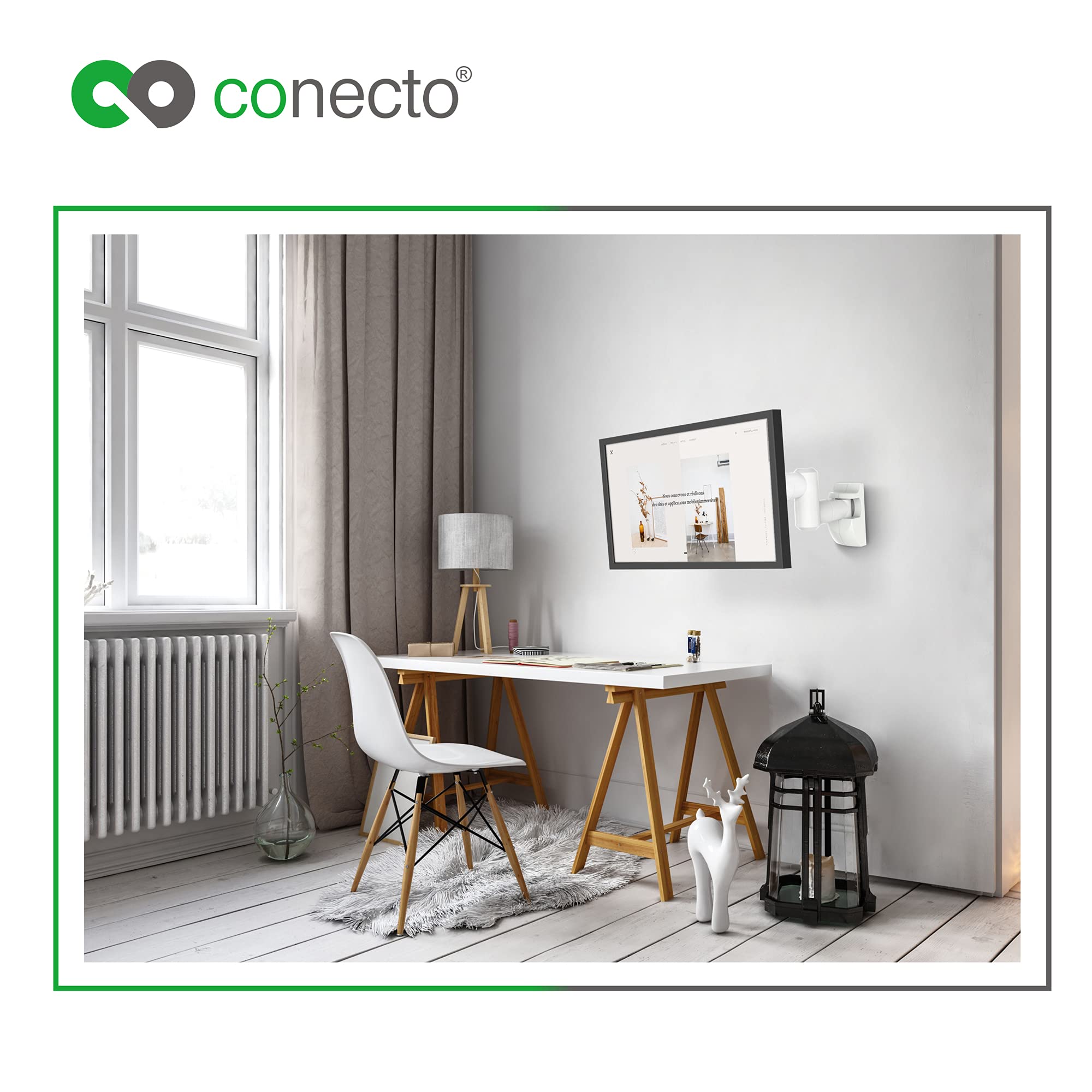 conecto supporto a parete per monitor e televisori fino a 42 pollici, girevole (+/-90°), inclinabile (+/-20°), VESA 50x50, 75x75, 100x100, 200x100, 200x200, portata massima 30,0 kg, bianco