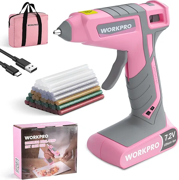 WORKPRO Cordless Hot Glue Gun, 30s Fast Preheating, 7.2V Dual-Temp Glue Gun Kit with 50pcs Glue Gun Sticks, Storage Bag, USB-C Charging Cord, 2600mAh Battery for DIY and Crafting