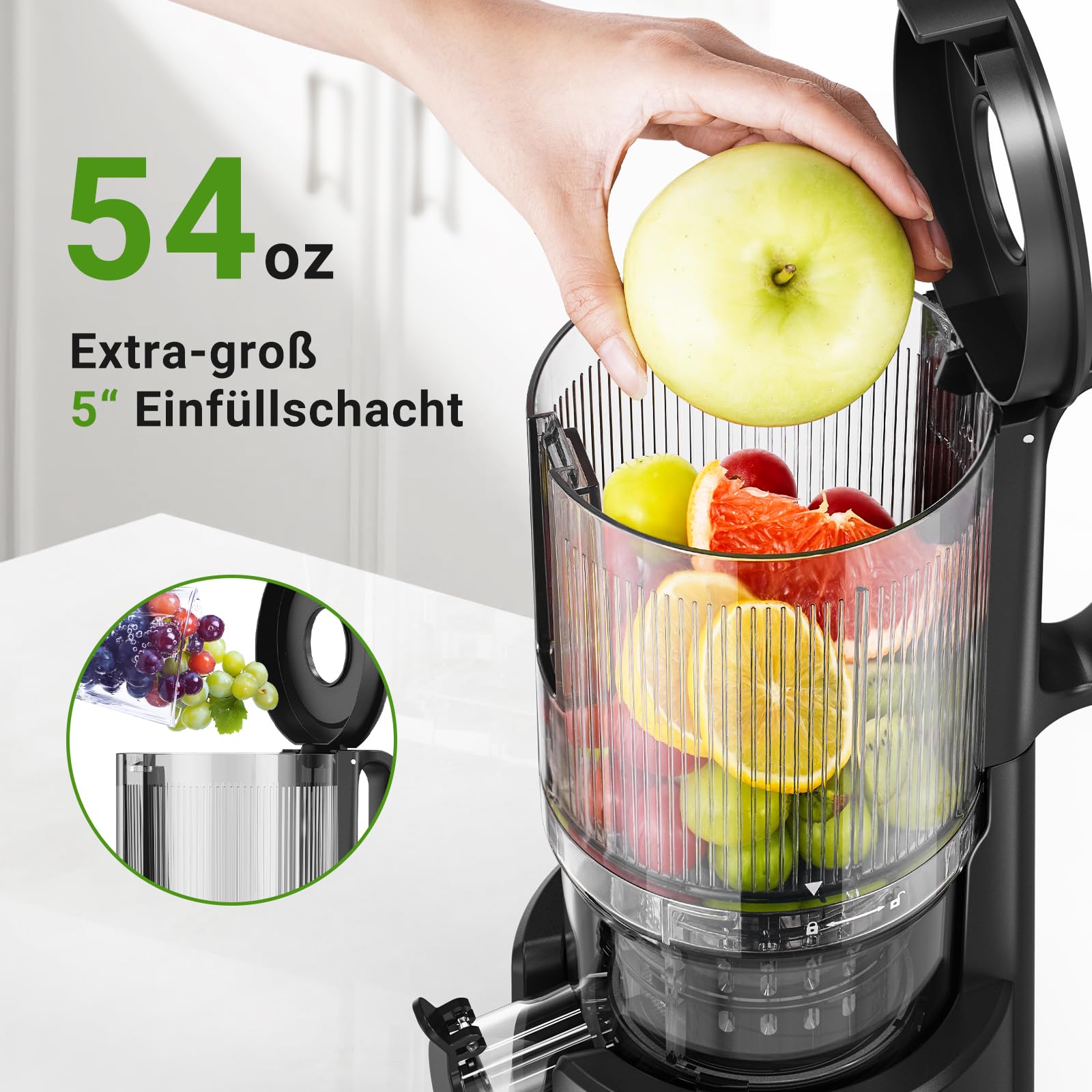 AOBOSI Slow Juicer mit 126 mm XXL-Einfüllöffnung – 1,5 L, 200 W leiser Entsafter mit Rückwärtslauf, Dreifachfilter & Press-Schnecke – Entsafter Gemüse und Obst Testsieger,Schwarz