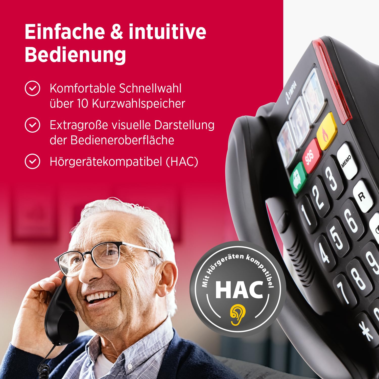 Olympia Großtastentelefon 4500 | Seniorentelefon Festnetz | extra große Wahltasten | Hörgerätekompatibel | Senioren Telefon mit Kabel | 3 Foto-Direktwahltasten | Festnetztelefon mit Schnur | schwarz