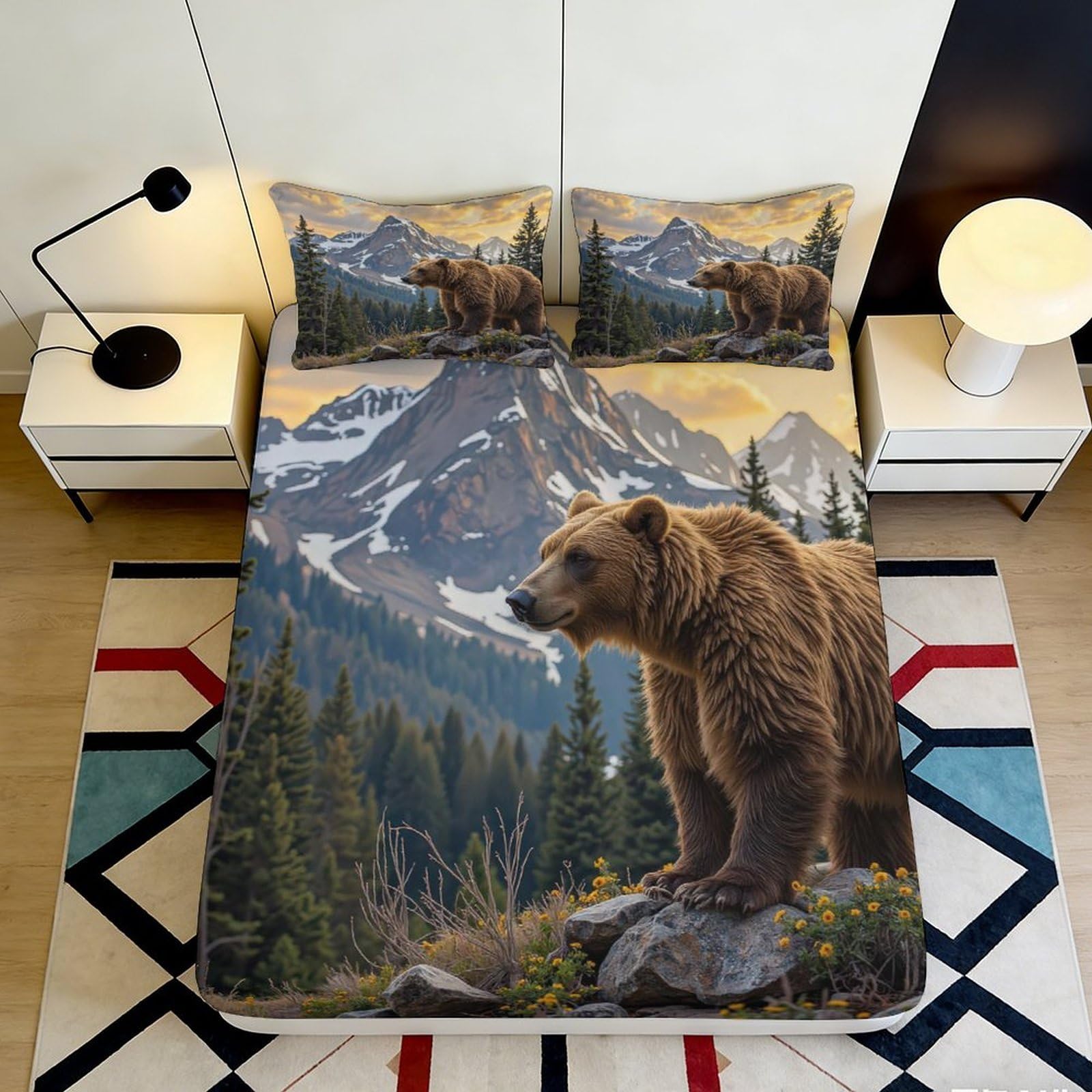 3D Printed Mountain Bear Fitted Sheet Microfiber Soft Breathable Forest Bed Cover for Bedroom Lodge Decor 90x200x25cm