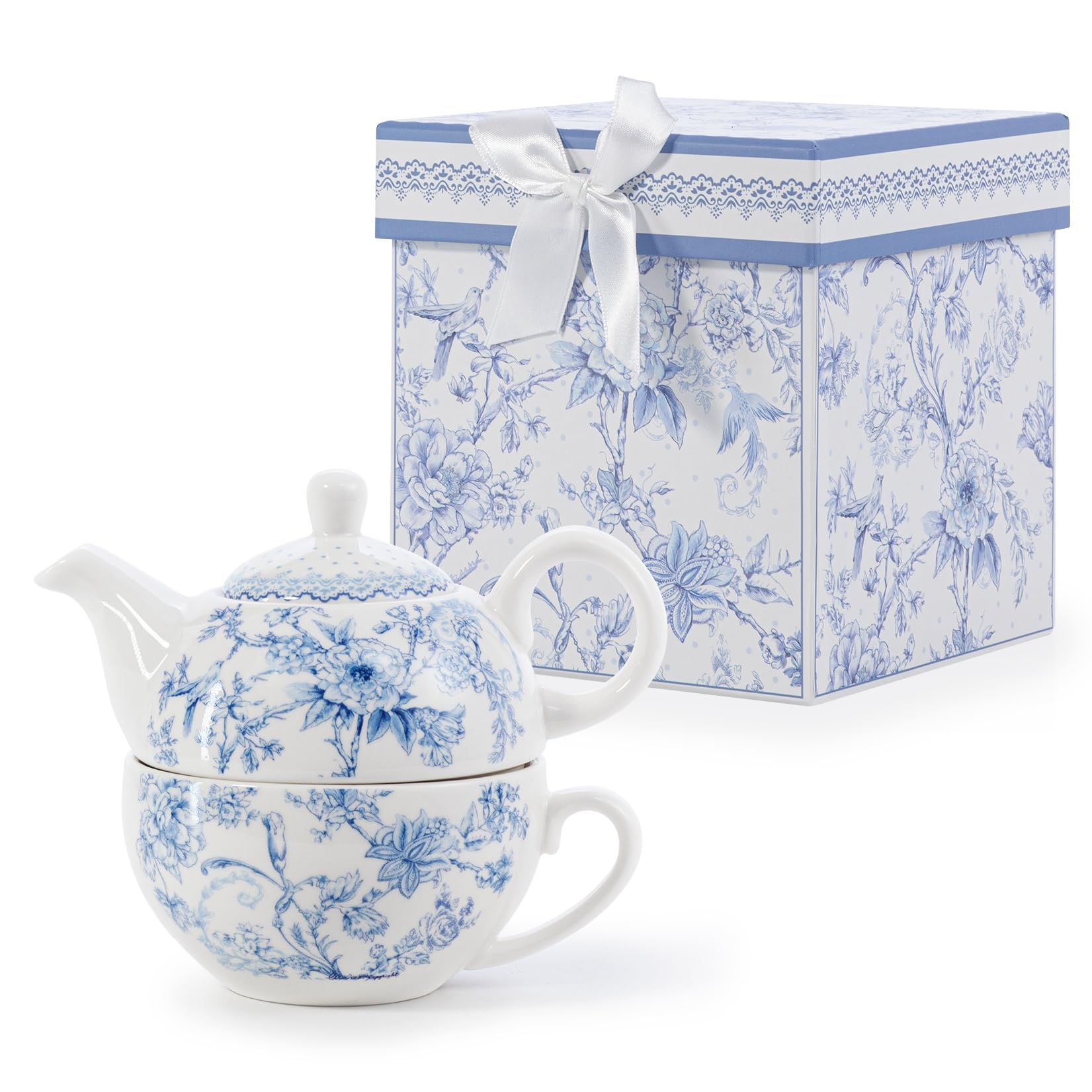 EHC Orchids Design Porcelain Tea for One Tea-Pot with Handle, Microwave Safe, Oven Safe, Dishwasher Safe, Gift Boxed, Tea Pot 490/Cup 320ml — image 1