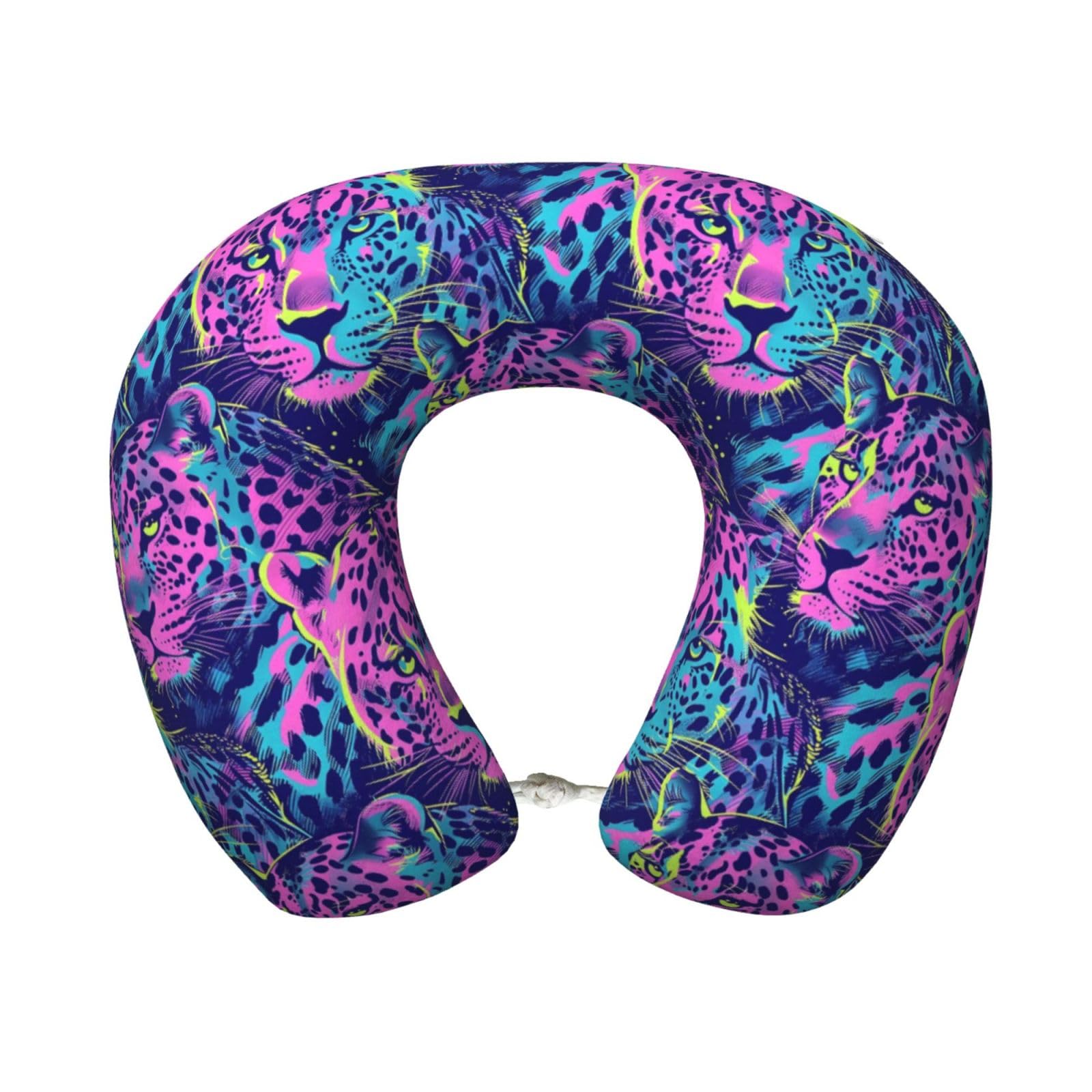 peiyeety Leopard Neon Print Travel Pillow Memory Foam, Portable Neck Pillow for Airplane, Car and Office