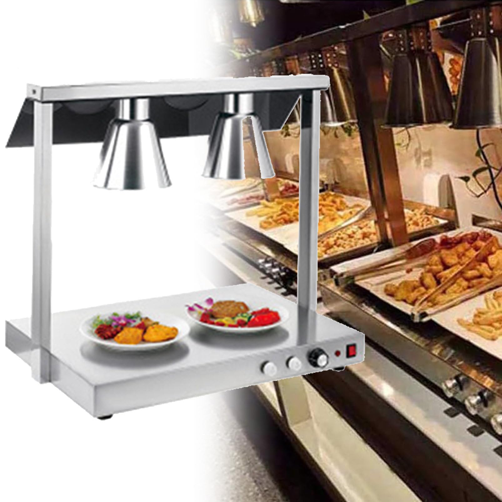 JKJZSALJ Commercial Food Warmer Lamp, Stainless Steel Buffet Heater For Restaurants And Kitchens, Ideal For Keeping Pizza And Food Warm,Silver,doublehead