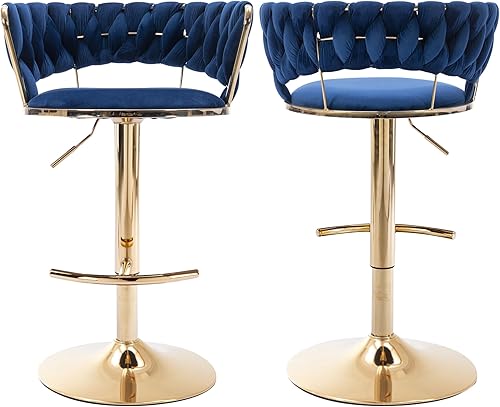 Miniatura 69 de Juego de 2 taburetes de bar de terciopelo giratorios con base de metal dorado, taburetes de bar modernos de altura de mostrador para cocina, pub,