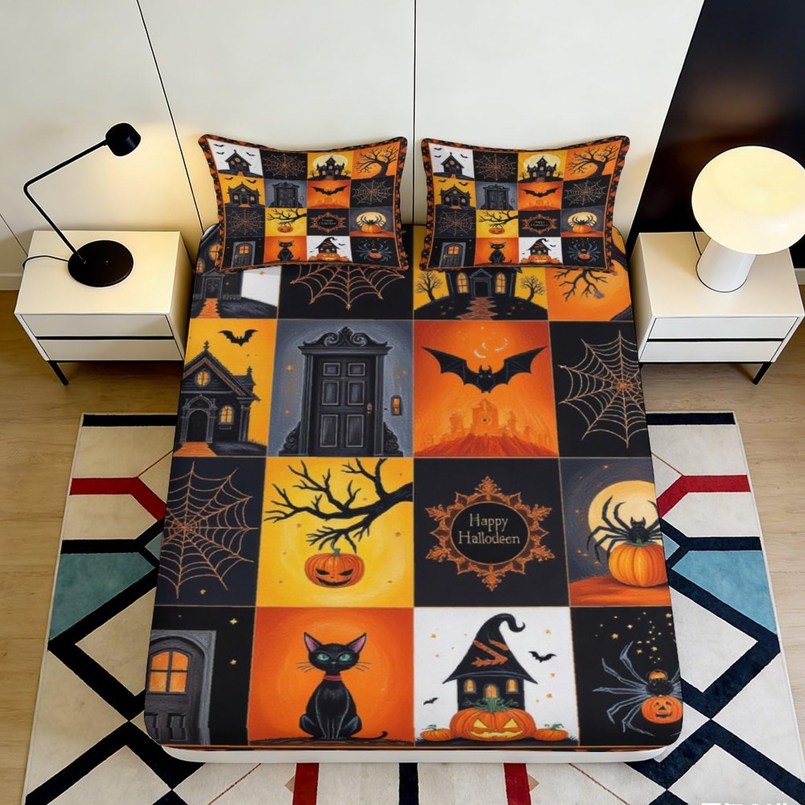 3D Printed Halloween Haunted House Fitted Sheet Microfiber Bat Pumpkin Bed Cover for Bedroom Guest Room Decor 118 180x200x25cm