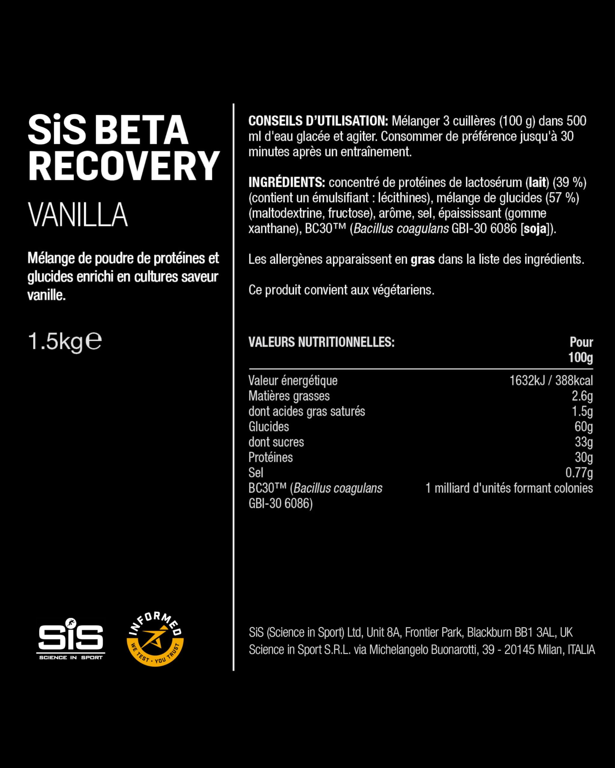 Science in Sport BETA Recovery 1,5 kg Vanille – boisson de récupération avec glucides et protéines au ratio 2:1, Poudre pour soutenir l’entraînement