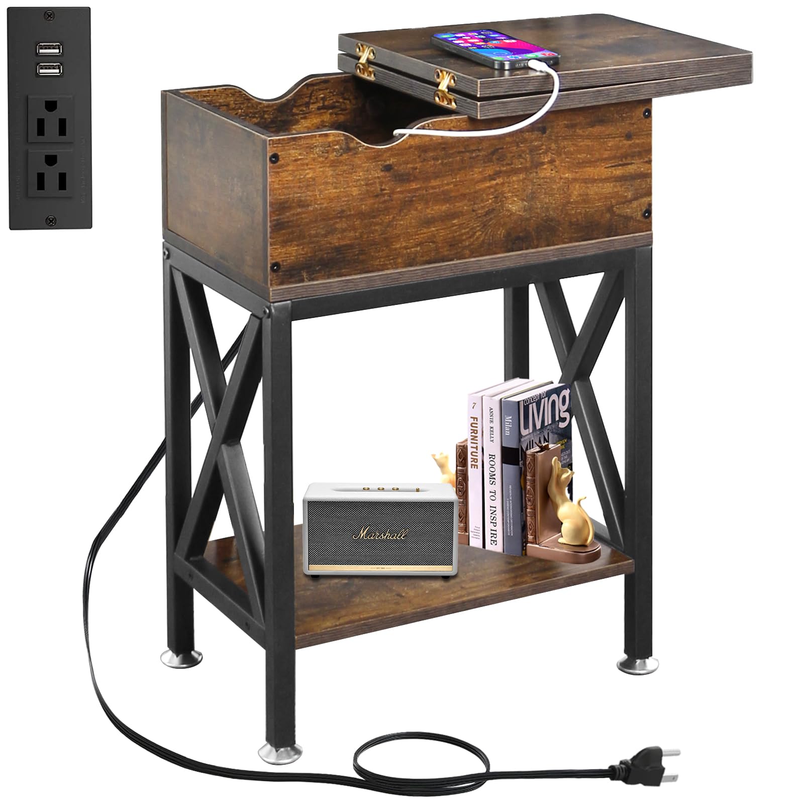 Toocust End Table Living Room with Charging Station, 11"D x 24"W x 23"H, Flip Top Side Table with USB Ports and Outlets, Narrow End Table with 5.3"