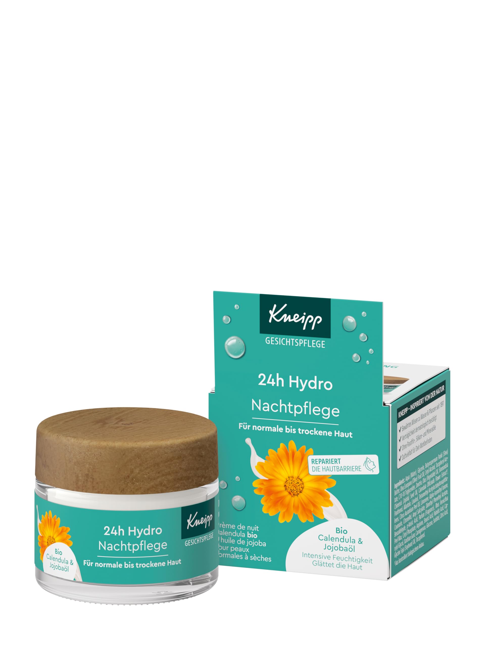 Kneipp 24h Hydro pielęgnacja na noc – krem do twarzy z bio nagietka i witaminą E – do skóry normalnej i suchej – wegański – 50 ml