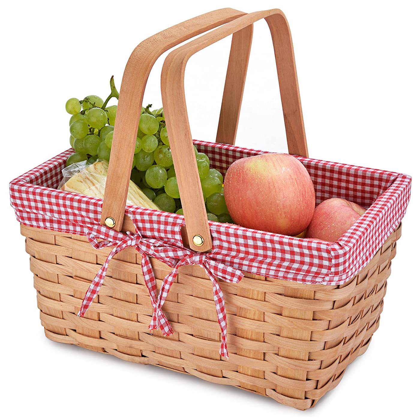 Angju Picnic Basket, Natural Woven Basket with Double Folding Handles, Woodchip Basket & Organizer Blanket Storage for Egg Gathering, Wedding, Candy Gift & Toy