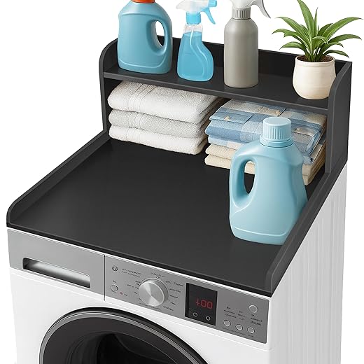 Royxen Washer Dryer Countertop with Shelf,2-Tier Laundry Countertop for Single Washer and Dryer,Soild Wood Core Washer Dryer Topper for Laundry Room Organization (Black) ﻿