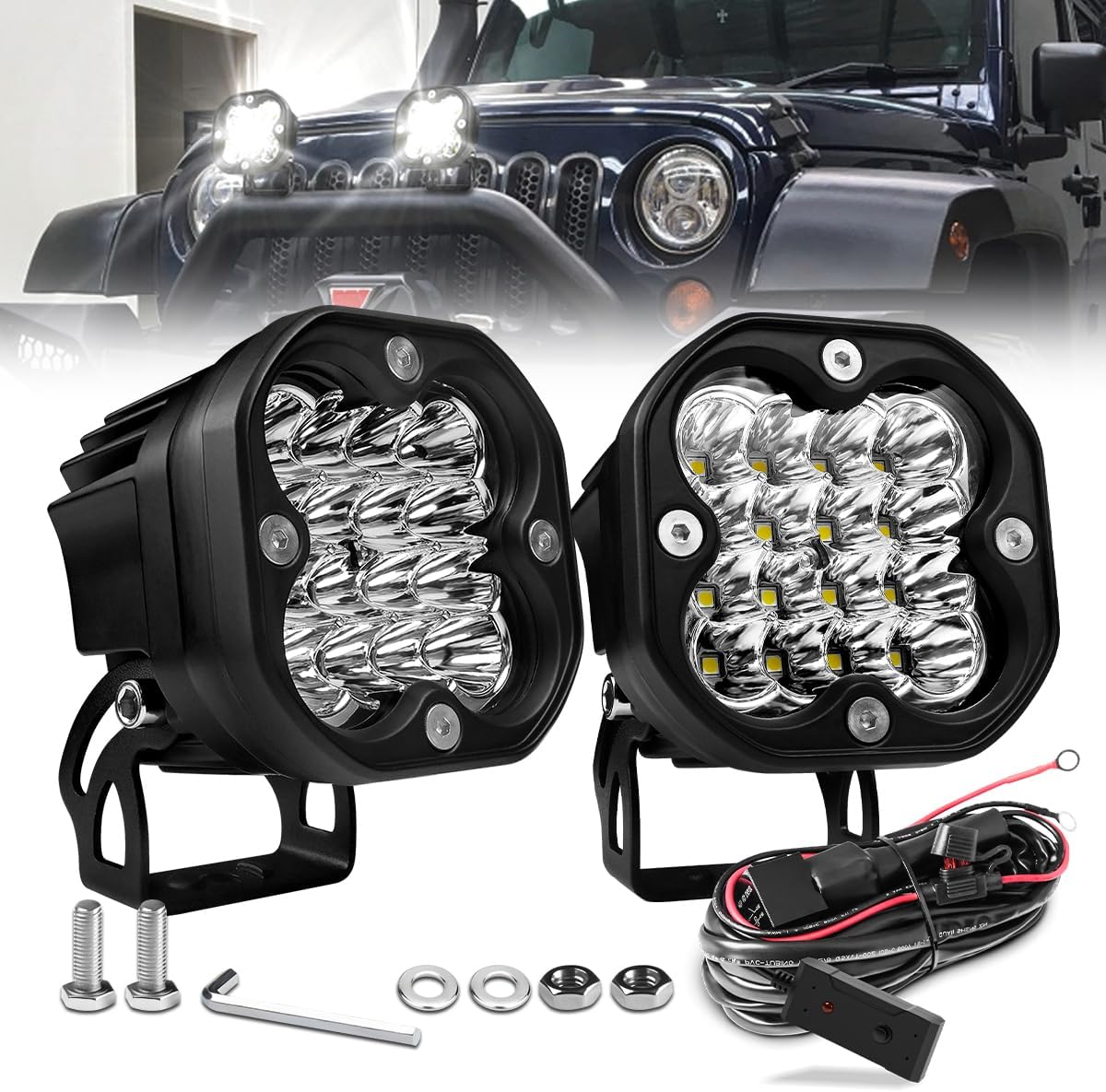 3 Inch LED Pods With Switch Wiring Harness Spot White Offroad Fog Lights Kit Auxiliary Driving Light 2PCS 50W Waterproof Cube Ditch Light for Jeep Truck Pickup SUV VAN Car