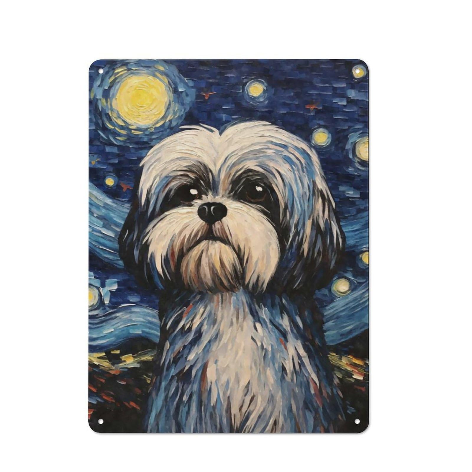 Tin Wall Sign with Shih Tzu Dog Starry Night Design 40x30cm, Classic Kitchen Wall Decor for Restaurant, Kitchen, Counter Or Breakfast Nook