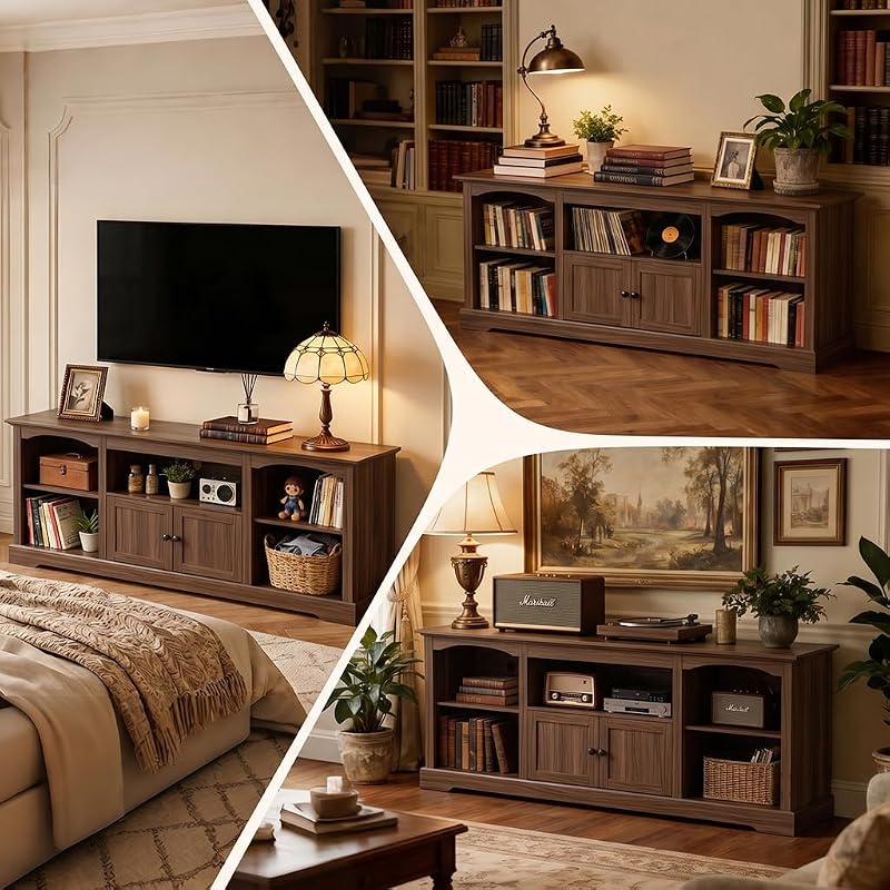 LUCKLIFE 71" TV Stand for TVs up to 80 Inch,Modern Farmhouse Entertainment Center with Arched Cabinet Doors & Open Adjustable Storage Shelves,Media Console Table for Living Room,Walnut image 3