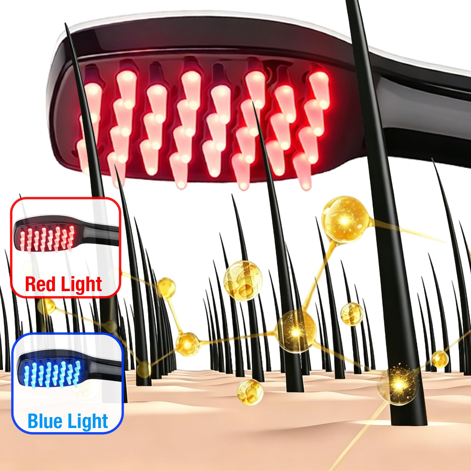 Peine de masaje eléctrico para cuero cabelludo con luz LED roja y azul, 3 niveles de intensidad de vibración, cepillo de pelo recargable con 28 nudos suaves, portátil, para hombre y mujer