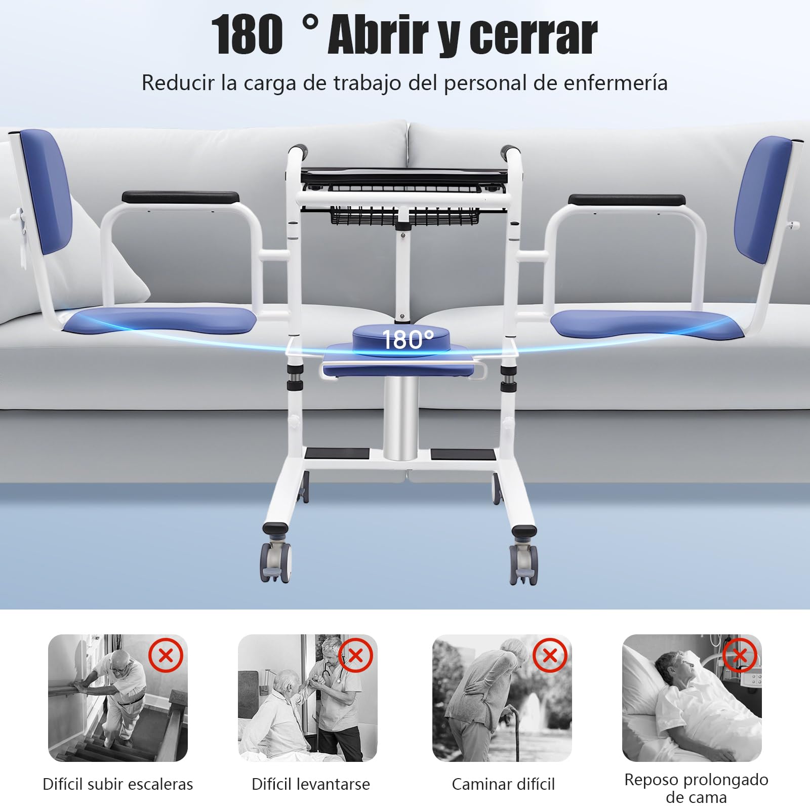 Silla hidráulica de transferencia para pacientes, capacidad de carga de 150 kg, respaldo de apertura de 180°, altura regulable de 41 a 65 cm, elevador de pacientes con mesa, función de aseo, para