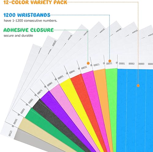 Miniatura 2 de Harloon 1200 pulseras de 34 pulgadas, 1 a 1200 números consecutivos, 12 pulseras de colores, pulseras de papel impermeables para eventos,