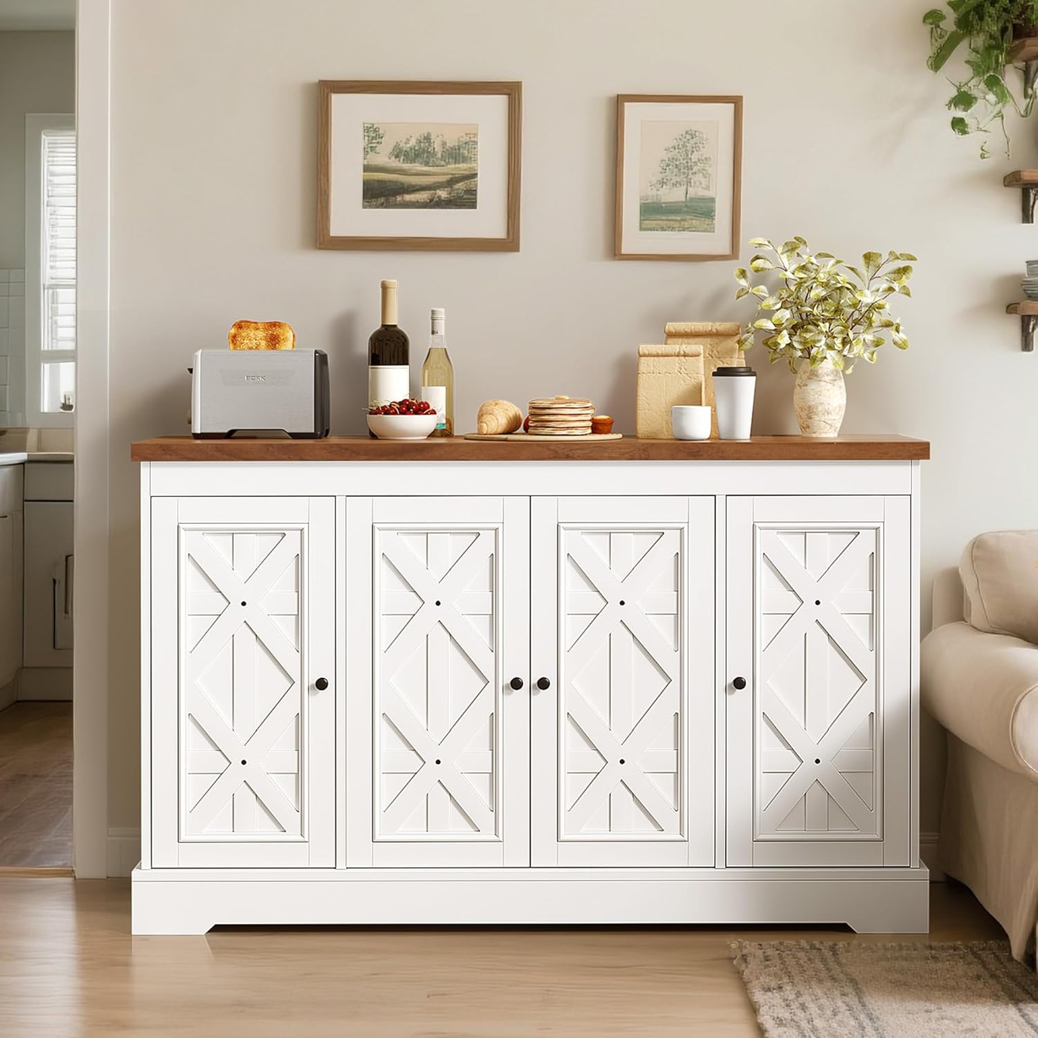YITAHOME 59" Farmhouse Sideboard Buffet Cabinet, 4 Doors Adjustable Shelves, White Wood Storage for Kitchen Coffee Bar Living Room