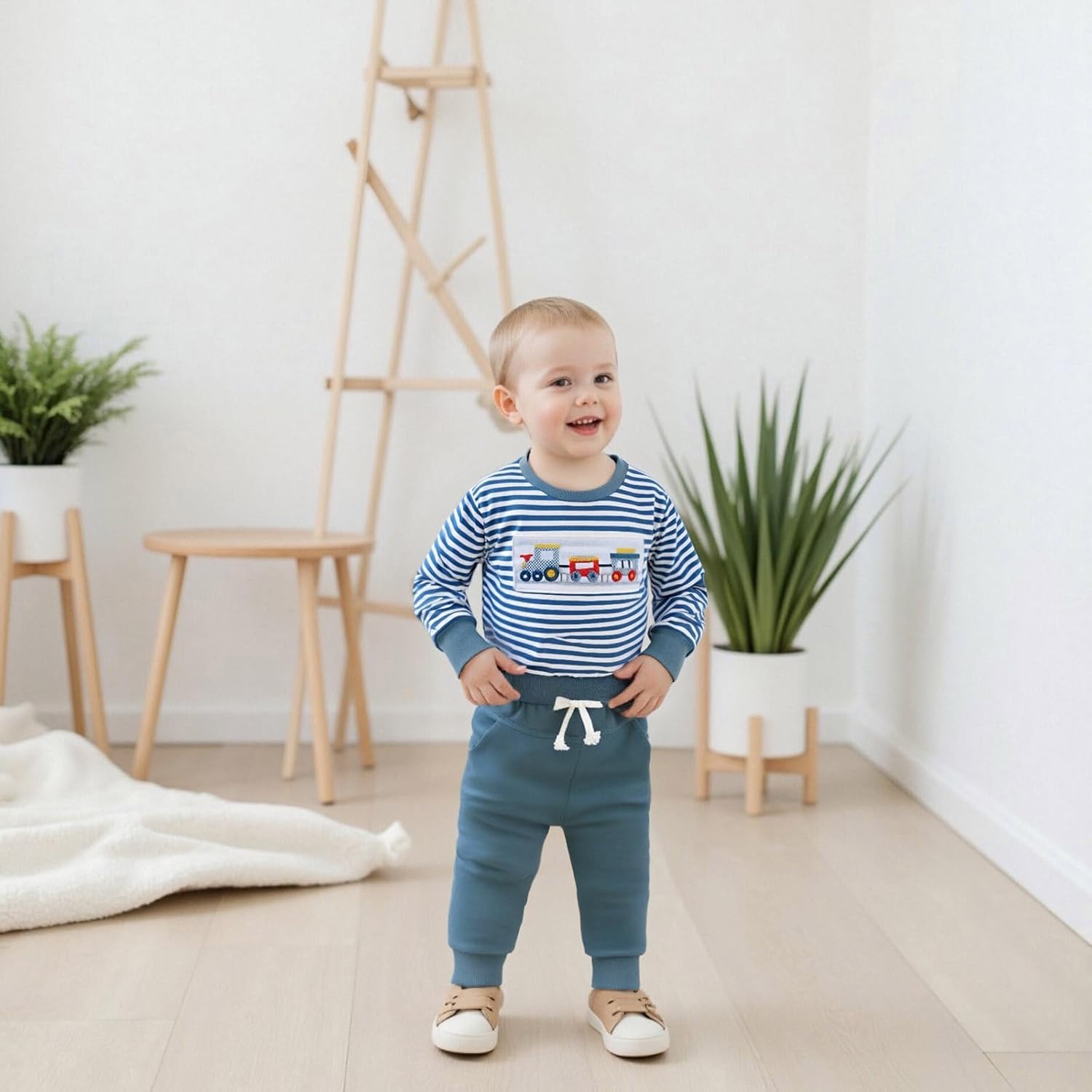 FOMOYUU Baby Boy Fall Winter Outfits Striped Embroidered Waffle Sweatshirt Infant Pullover Top Pants Sets Toddler Clothes - Image 4